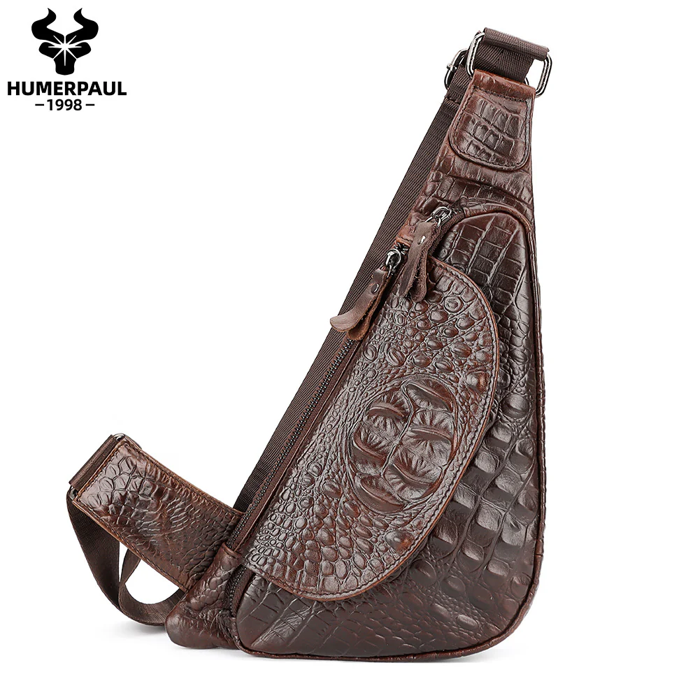 Men's Genuine Leather Chest Sling Bag,Alligator Pattern Triangle